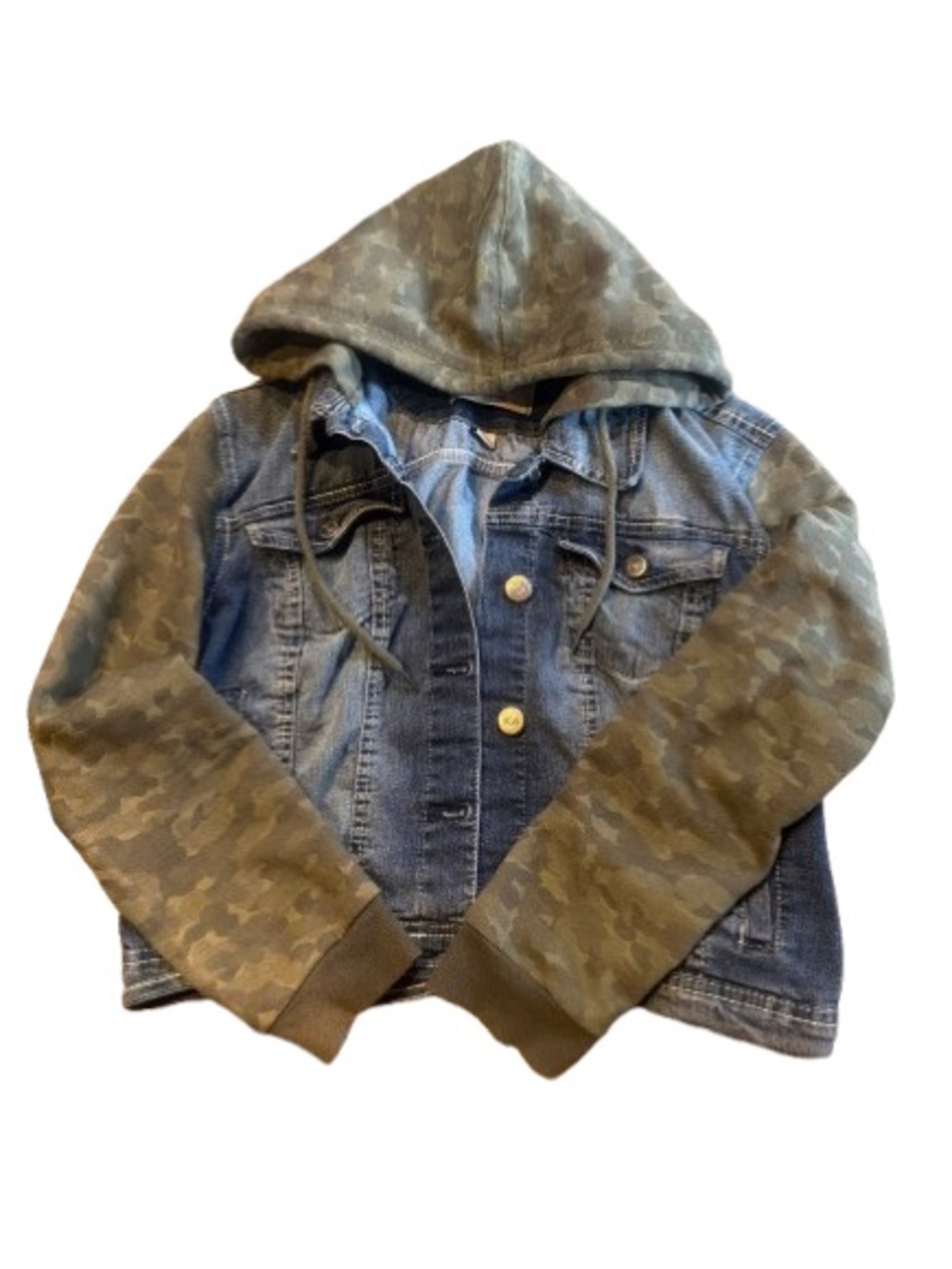 Wallflower Blue Denim Jacket with Olive Camo Sleeves and Hood